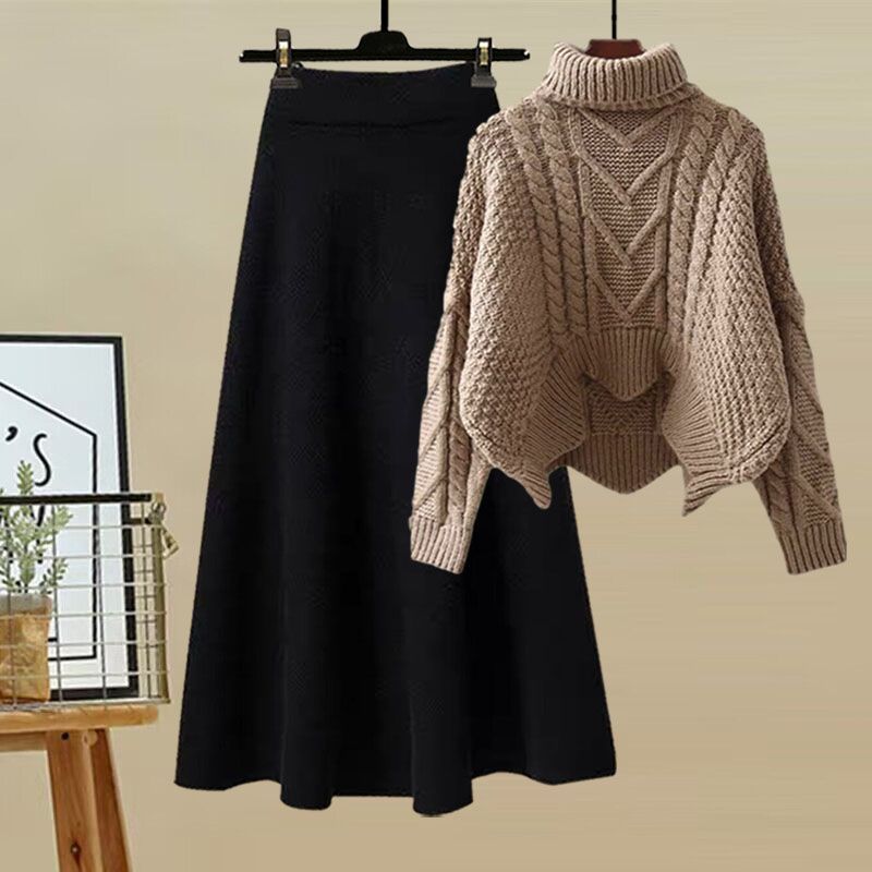 Autumn and Winter Women's Suit 2025 New Design High-Neck Knitted Sweater and Slimming Skirt Two-Piece Set