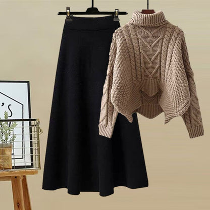 Autumn and Winter Women's Suit 2025 New Design High-Neck Knitted Sweater and Slimming Skirt Two-Piece Set