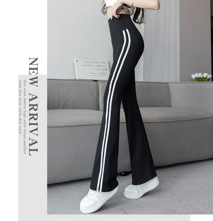 Plus Size Shark Bell Bottoms Spring Pants Women's Outer Wear Boot-Cut Pants Shark Pants High Waist Slim Side White Striped Women's Pants