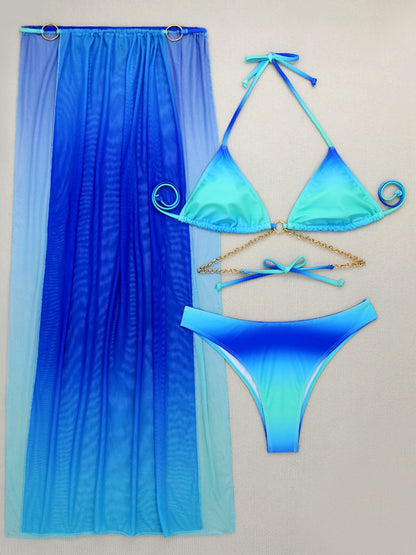 2025 European and American New Gradient Mesh Long Skirt Drawstring Strap Bikini Bikini Three-Piece Swimsuit Cross-Border