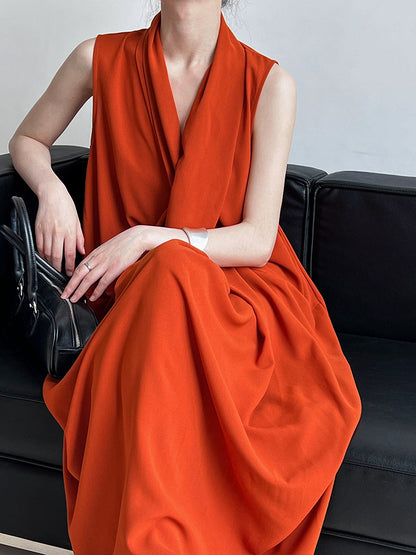 Luxi Elegant V-neck Sleeveless Kink Waist dress Women's Slimming Irregular High-end Hong Kong-style Long Skirt 3985