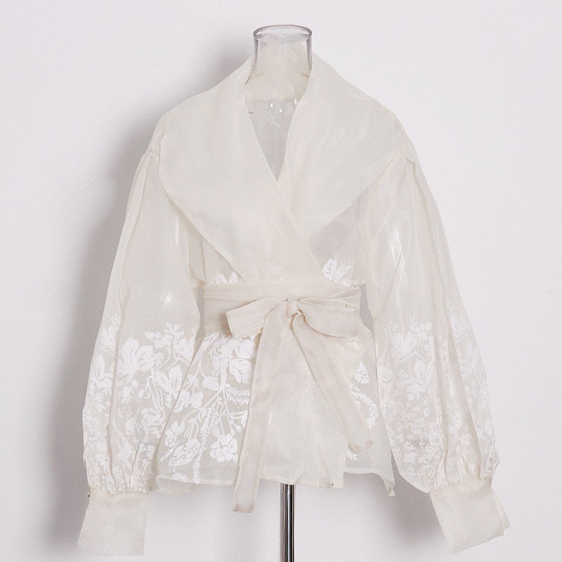 French-Style Elegant Printed Blouse 2026 Summer New Organza Large Lapel Lantern Sleeve Waist-Cinching Tie Shirt for Women