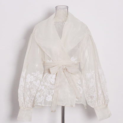 French-Style Elegant Printed Blouse 2026 Summer New Organza Large Lapel Lantern Sleeve Waist-Cinching Tie Shirt for Women