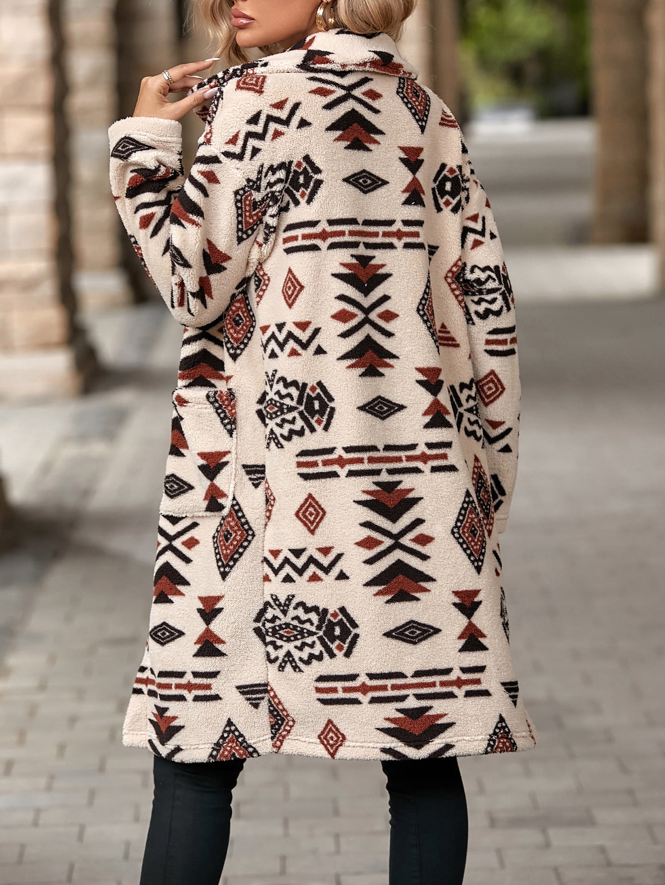 Flash velvet 2023 cross-border autumn and winter new European and American women's single-breasted ethnic style printed plush long coat coat