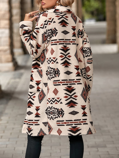 Flash velvet 2023 cross-border autumn and winter new European and American women's single-breasted ethnic style printed plush long coat coat