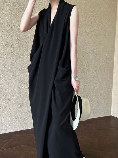 Luxi Elegant V-neck Sleeveless Kink Waist dress Women's Slimming Irregular High-end Hong Kong-style Long Skirt 3985