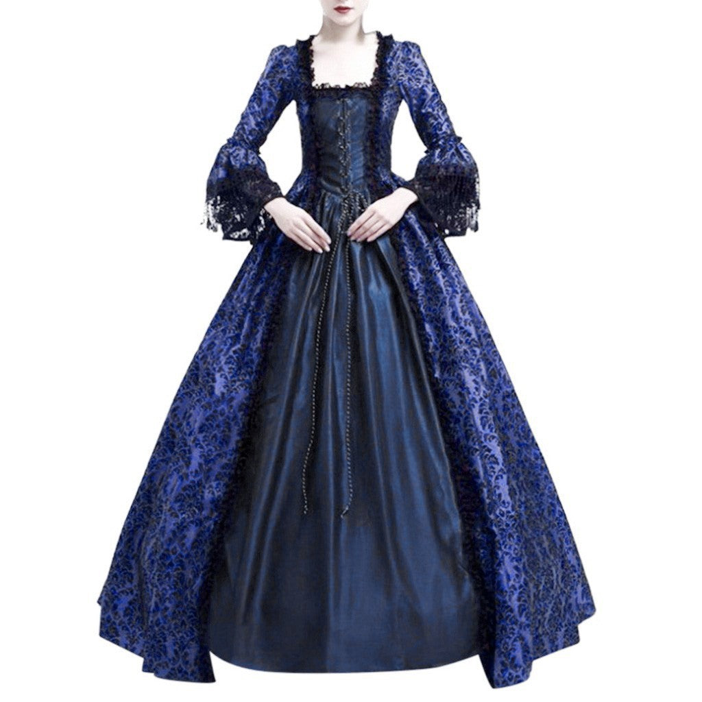 New Large Size Retro Palace Medieval Dress with Lace Splicing and Bell Sleeves for Women's Stage Performance, in Stock