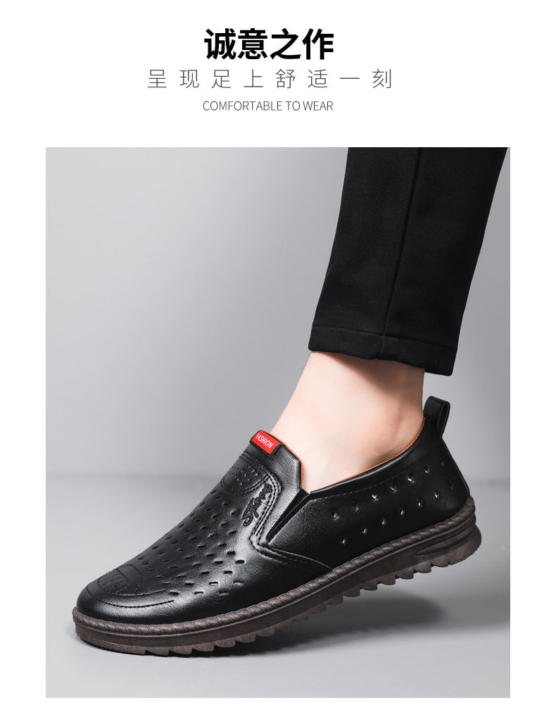 Men’s Breathable Leather Slip-On Shoes – Hollow-Out Perforated Summer Business Casual Loafers, Soft & Comfortable Low-Top Footwear