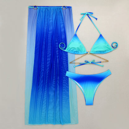 2025 European and American New Gradient Mesh Long Skirt Drawstring Strap Bikini Bikini Three-Piece Swimsuit Cross-Border