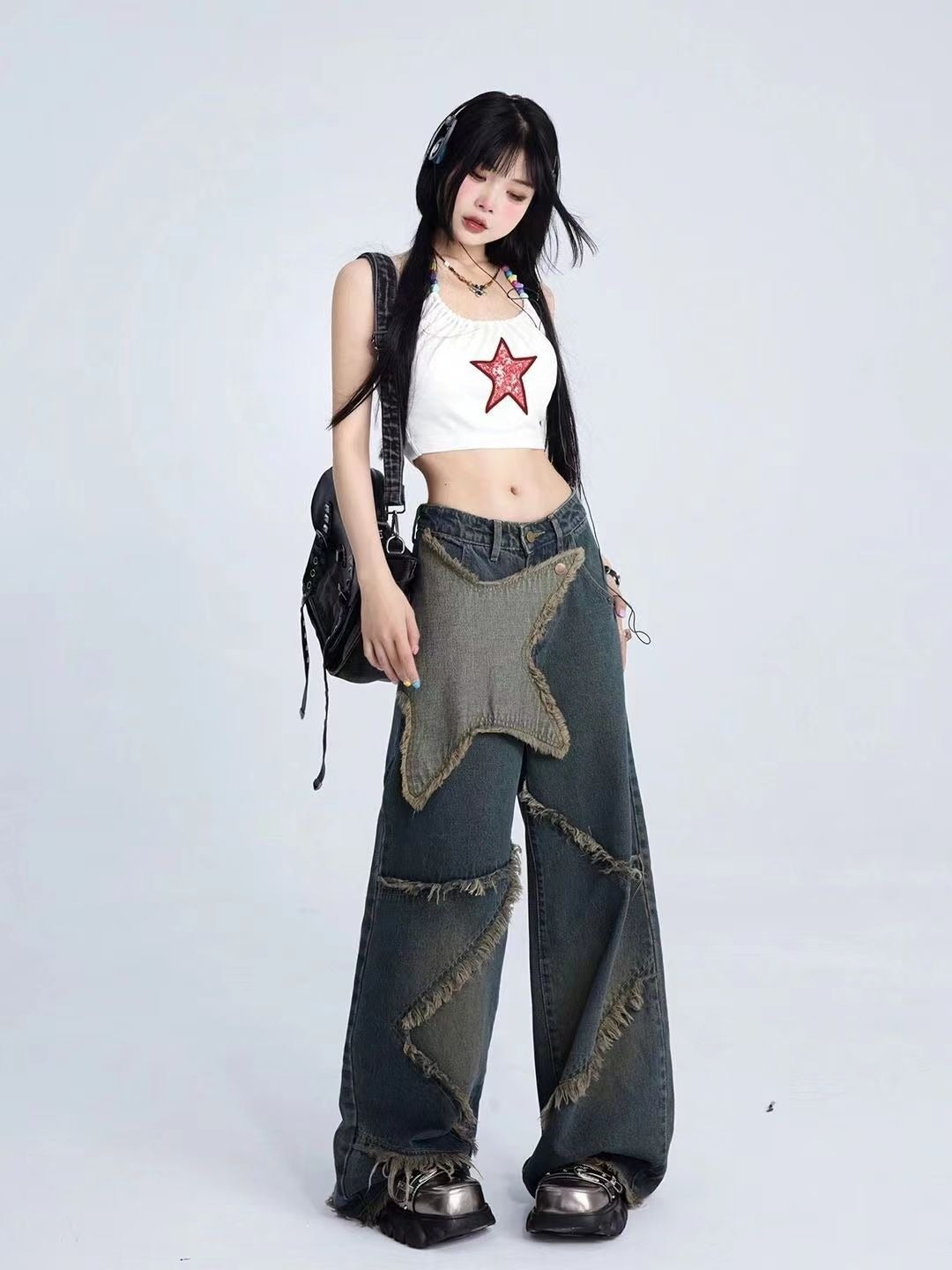 Cross-border Spring and Autumn American Retro Star Jeans Women's Multi-pocket Strap High Street Loose Straight Tooling Jeans