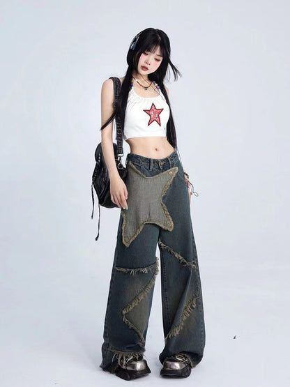 Cross-border Spring and Autumn American Retro Star Jeans Women's Multi-pocket Strap High Street Loose Straight Tooling Jeans