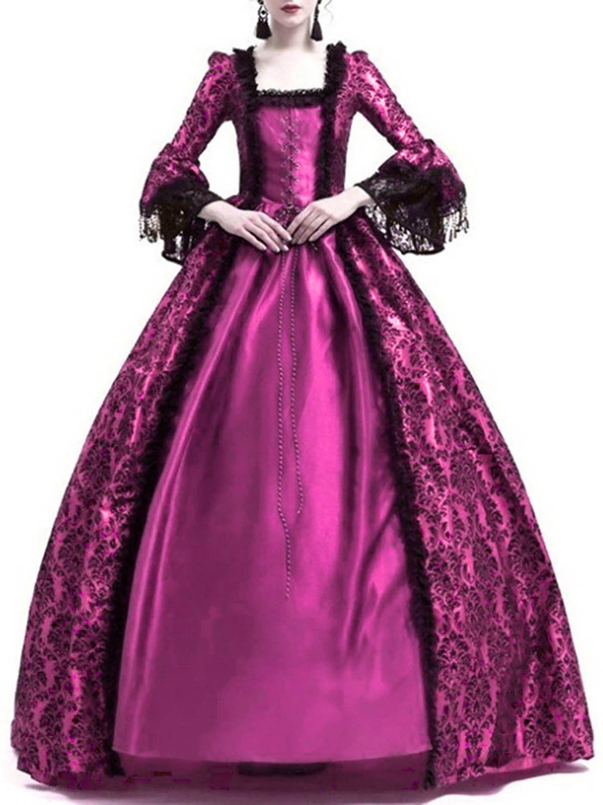 New Large Size Retro Palace Medieval Dress with Lace Splicing and Bell Sleeves for Women's Stage Performance, in Stock