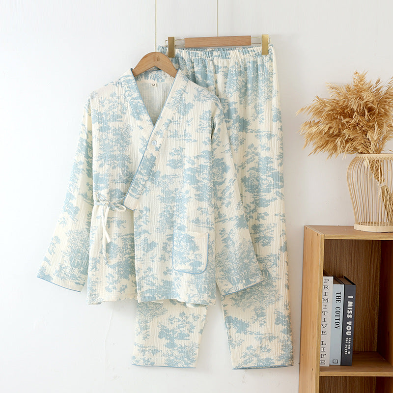 New Chinoiserie Pure Cotton Double-Layer Cotton Gauze Women's Pajamas Spring, Autumn and Summer Thin Long-Sleeved Lace-Up Home Clothes Set