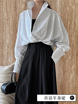 Luxi profile stacked stand collar deep V-neck white shirt Women's lazy batwing sleeve elegant large commuter shirt 9618