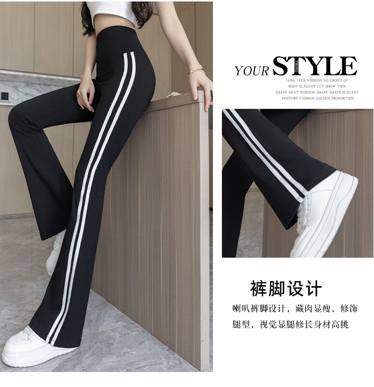 Plus Size Shark Bell Bottoms Spring Pants Women's Outer Wear Boot-Cut Pants Shark Pants High Waist Slim Side White Striped Women's Pants