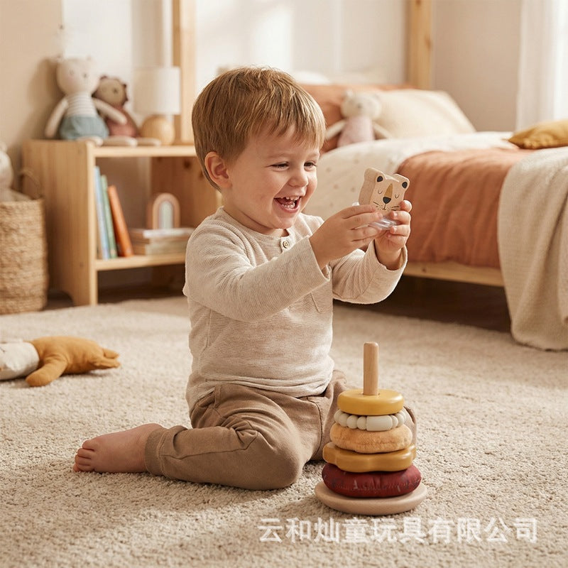 Amazon Baby Early Education Educational Lion Set Pillar Toy Wooden Toddler's Hands-on Brain Stacking Shape Building Blocks