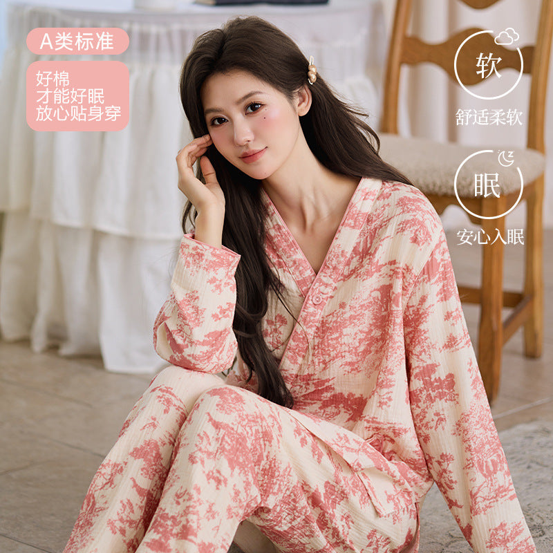New Chinoiserie Pure Cotton Double-Layer Cotton Gauze Women's Pajamas Spring, Autumn and Summer Thin Long-Sleeved Lace-Up Home Clothes Set