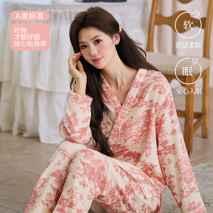 New Chinoiserie Pure Cotton Double-Layer Cotton Gauze Women's Pajamas Spring, Autumn and Summer Thin Long-Sleeved Lace-Up Home Clothes Set