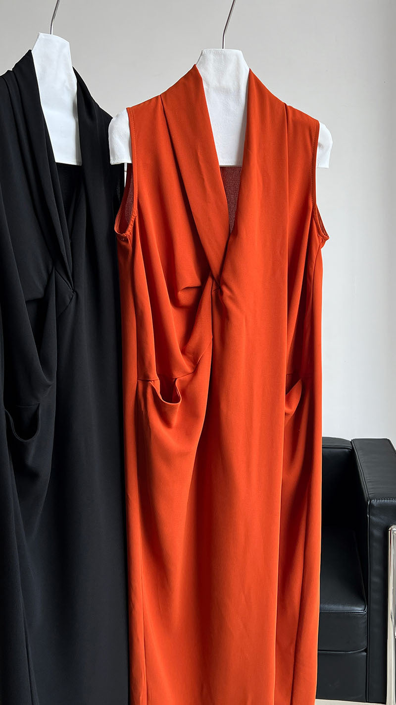 Luxi Elegant V-neck Sleeveless Kink Waist dress Women's Slimming Irregular High-end Hong Kong-style Long Skirt 3985