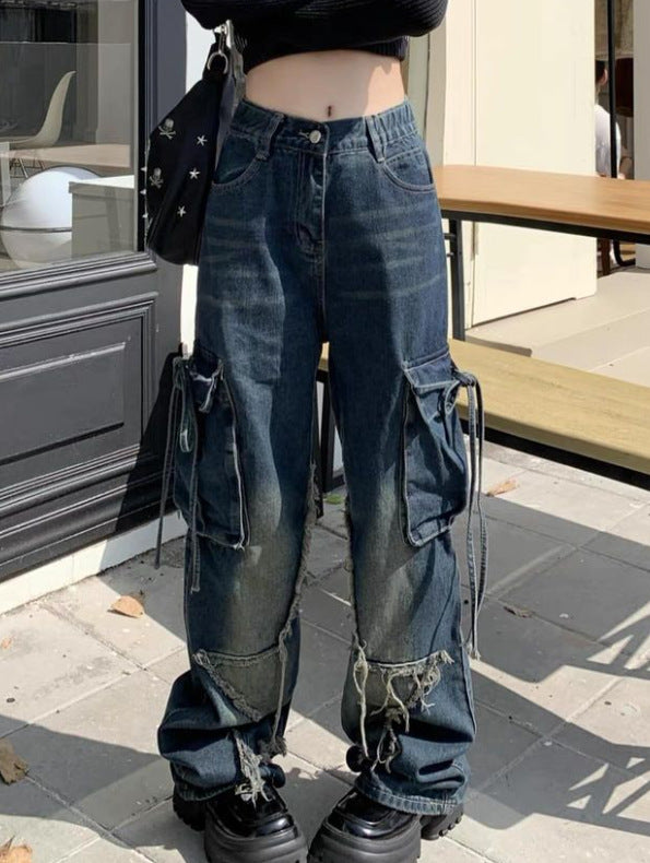 Cross-border Spring and Autumn American Retro Star Jeans Women's Multi-pocket Strap High Street Loose Straight Tooling Jeans