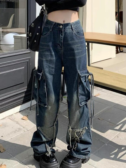 Cross-border Spring and Autumn American Retro Star Jeans Women's Multi-pocket Strap High Street Loose Straight Tooling Jeans
