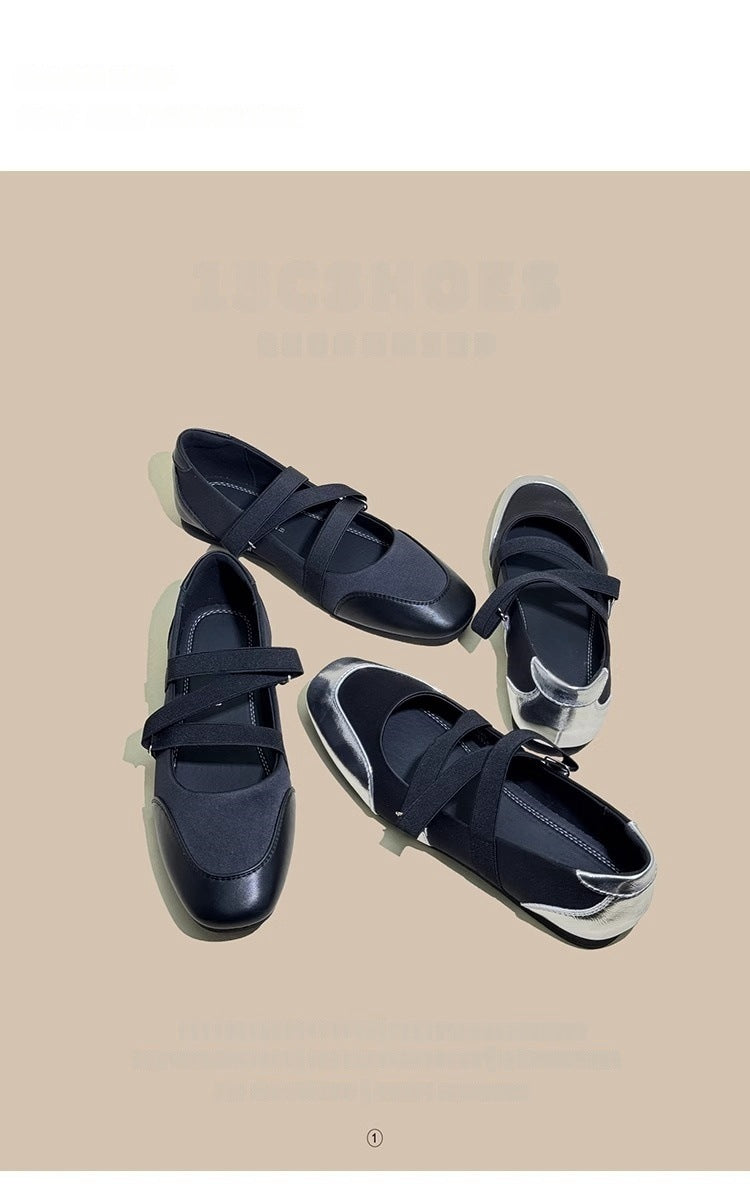 Spring and Autumn Shallow Square-Toe Flat Shoes for Women, 2026 New Model Mary Jane Ballet Shoes with Elastic Band, Silver Soft-Soled Single Shoes