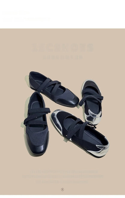 Spring and Autumn Shallow Square-Toe Flat Shoes for Women, 2026 New Model Mary Jane Ballet Shoes with Elastic Band, Silver Soft-Soled Single Shoes