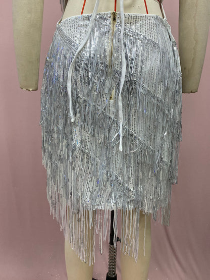 2025 Cross-Border European and American Independent Station New Direct Selling Halter Tassel Backless Hip-Covering A-Line High-Waisted Short Skirt Dress