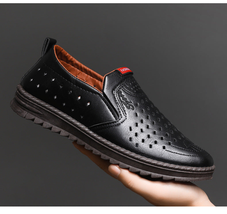 Men’s Breathable Leather Slip-On Shoes – Hollow-Out Perforated Summer Business Casual Loafers, Soft & Comfortable Low-Top Footwear