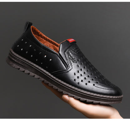 Men’s Breathable Leather Slip-On Shoes – Hollow-Out Perforated Summer Business Casual Loafers, Soft & Comfortable Low-Top Footwear