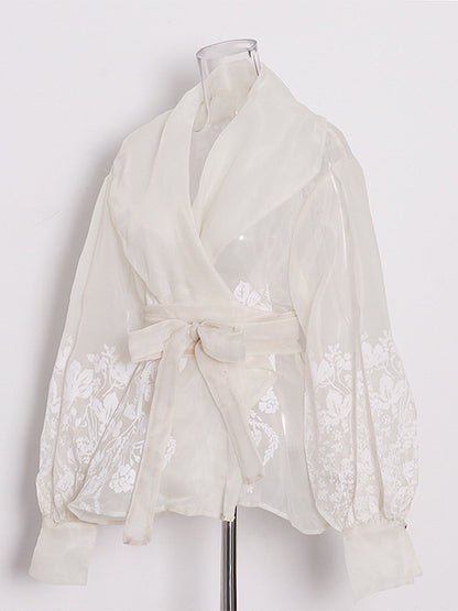 French-Style Elegant Printed Blouse 2026 Summer New Organza Large Lapel Lantern Sleeve Waist-Cinching Tie Shirt for Women