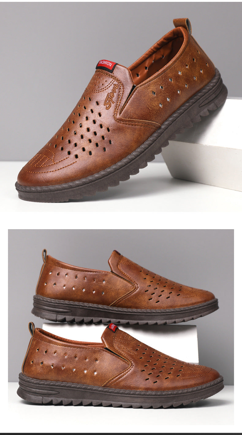 Men’s Breathable Leather Slip-On Shoes – Hollow-Out Perforated Summer Business Casual Loafers, Soft & Comfortable Low-Top Footwear