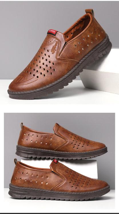 Men’s Breathable Leather Slip-On Shoes – Hollow-Out Perforated Summer Business Casual Loafers, Soft & Comfortable Low-Top Footwear