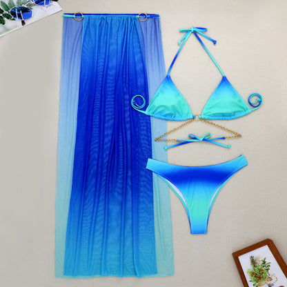 2025 European and American New Gradient Mesh Long Skirt Drawstring Strap Bikini Bikini Three-Piece Swimsuit Cross-Border