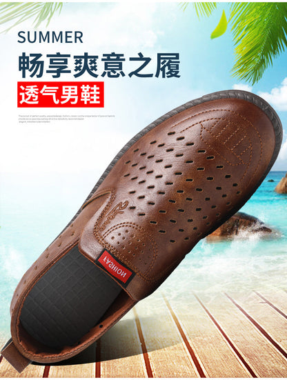 Men’s Breathable Leather Slip-On Shoes – Hollow-Out Perforated Summer Business Casual Loafers, Soft & Comfortable Low-Top Footwear