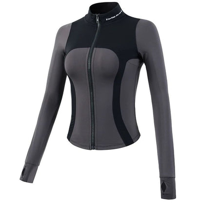 Autumn and Winter Slim Stitching Sports Jacket Women's Tight-Fit Vertical Collar Zipper Fitness Jacket Stretch Top Yoga Clothes Long Sleeve
