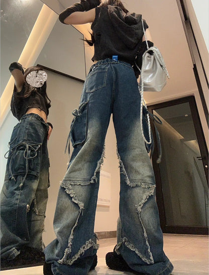 Cross-border Spring and Autumn American Retro Star Jeans Women's Multi-pocket Strap High Street Loose Straight Tooling Jeans