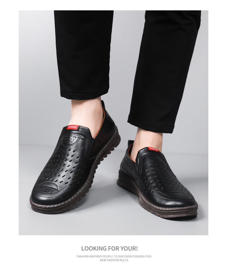 Men’s Breathable Leather Slip-On Shoes – Hollow-Out Perforated Summer Business Casual Loafers, Soft & Comfortable Low-Top Footwear