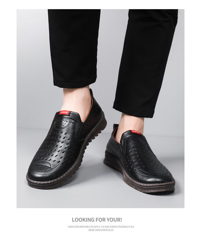 Men’s Breathable Leather Slip-On Shoes – Hollow-Out Perforated Summer Business Casual Loafers, Soft & Comfortable Low-Top Footwear