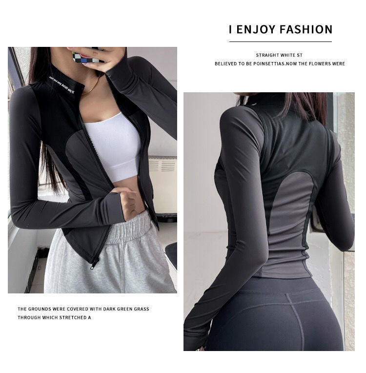 Autumn and Winter Slim Stitching Sports Jacket Women's Tight-Fit Vertical Collar Zipper Fitness Jacket Stretch Top Yoga Clothes Long Sleeve