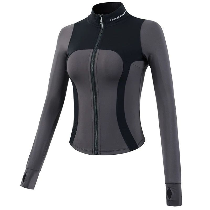 Autumn and Winter Slim Stitching Sports Jacket Women's Tight-Fit Vertical Collar Zipper Fitness Jacket Stretch Top Yoga Clothes Long Sleeve