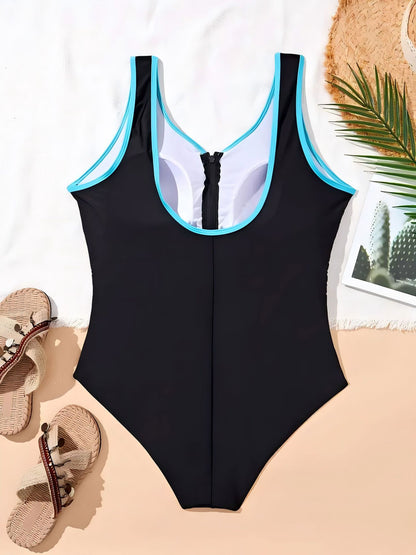 One-Piece Swimsuit, European and American Style, Plus Size, Black and Blue Color-Blocking, Front Zipper, Slimming Swimsuit, Waist-Cinching, Tummy-Covering, for Plus-Size Women, Hot Spring Swimwear