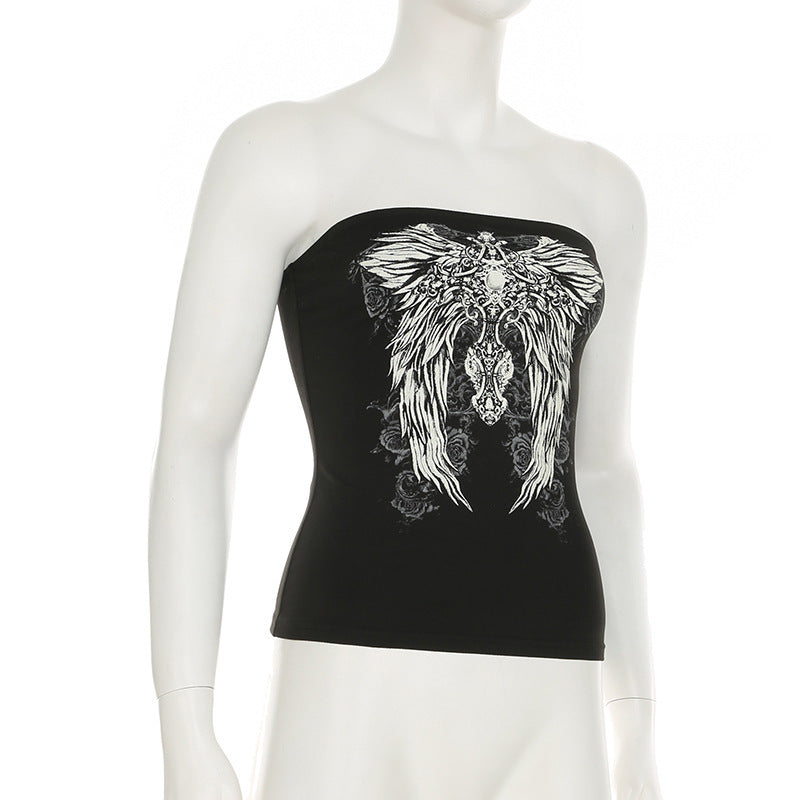 Women’s Y2K Wings Print Tube Top – Dark Retro Contrast Color Slim-Fit Fashion Crop Top