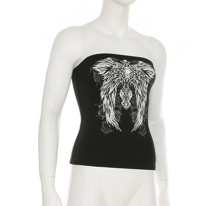 Women’s Y2K Wings Print Tube Top – Dark Retro Contrast Color Slim-Fit Fashion Crop Top