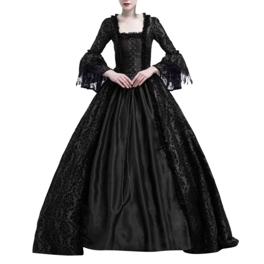New Large Size Retro Palace Medieval Dress with Lace Splicing and Bell Sleeves for Women's Stage Performance, in Stock
