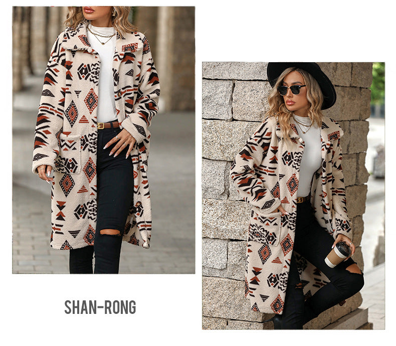 Flash velvet 2023 cross-border autumn and winter new European and American women's single-breasted ethnic style printed plush long coat coat