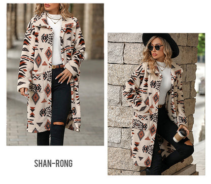 Flash velvet 2023 cross-border autumn and winter new European and American women's single-breasted ethnic style printed plush long coat coat