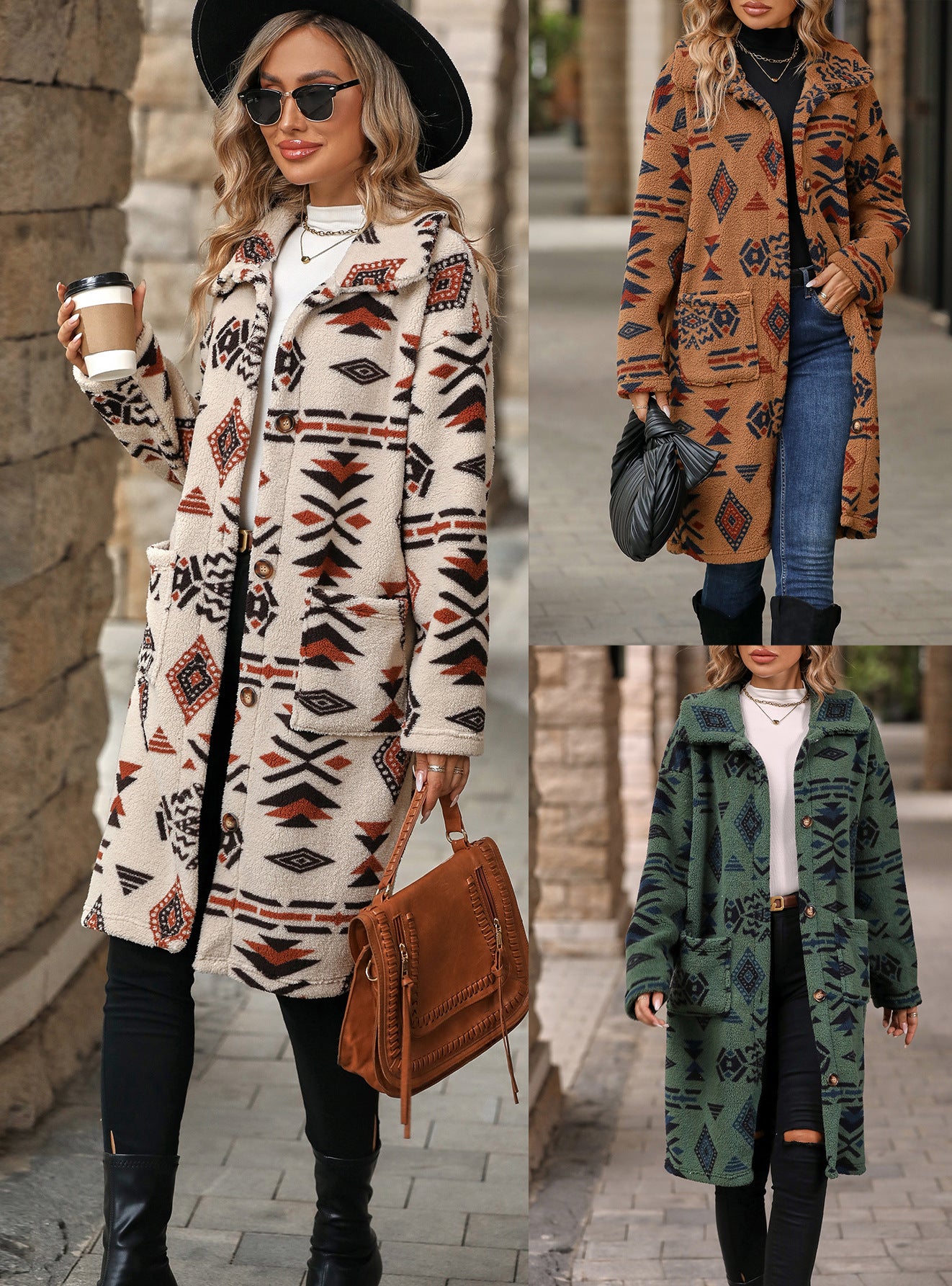Flash velvet 2023 cross-border autumn and winter new European and American women's single-breasted ethnic style printed plush long coat coat