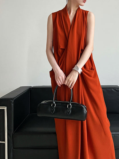 Luxi Elegant V-neck Sleeveless Kink Waist dress Women's Slimming Irregular High-end Hong Kong-style Long Skirt 3985