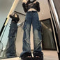 Cross-border Spring and Autumn American Retro Star Jeans Women's Multi-pocket Strap High Street Loose Straight Tooling Jeans